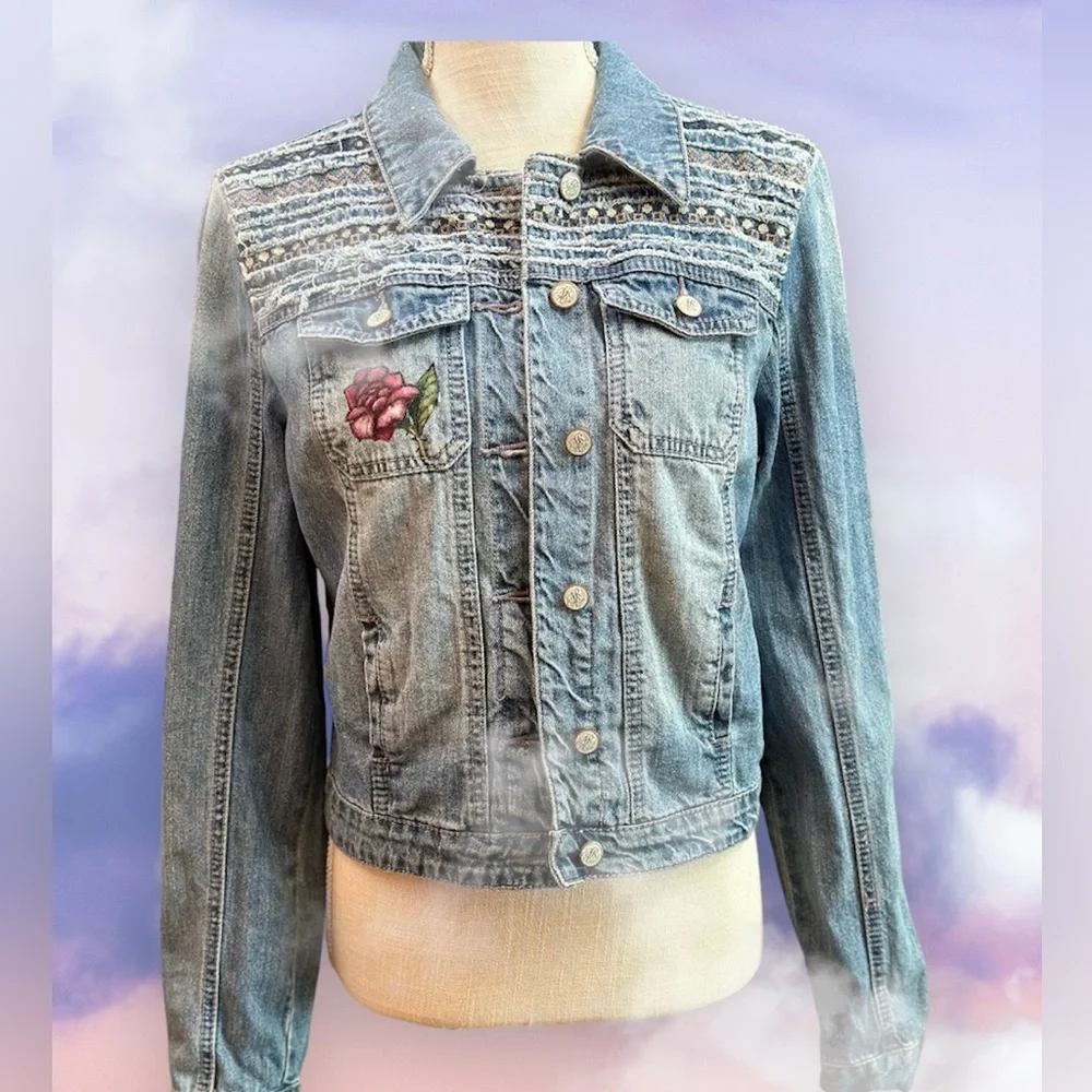 American Rag handpainted denim jean jacket Easter bunny rabbit sz LG girls OOAK - Picture 5 of 13